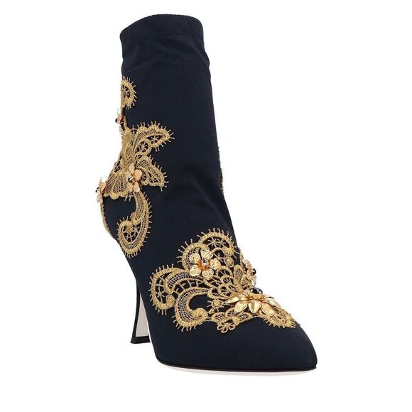 DOLCE & GABBANA Lori 100 Baroque Embroidery Lace Stretch Sock Boot Black Gold 36 - Picture 2 of 8
